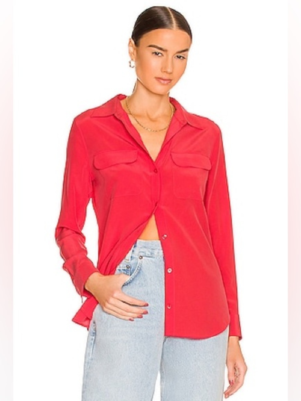 Equipment Slim Signature Silk Shirt Med Red Hibiscus Work Office Quiet Luxury